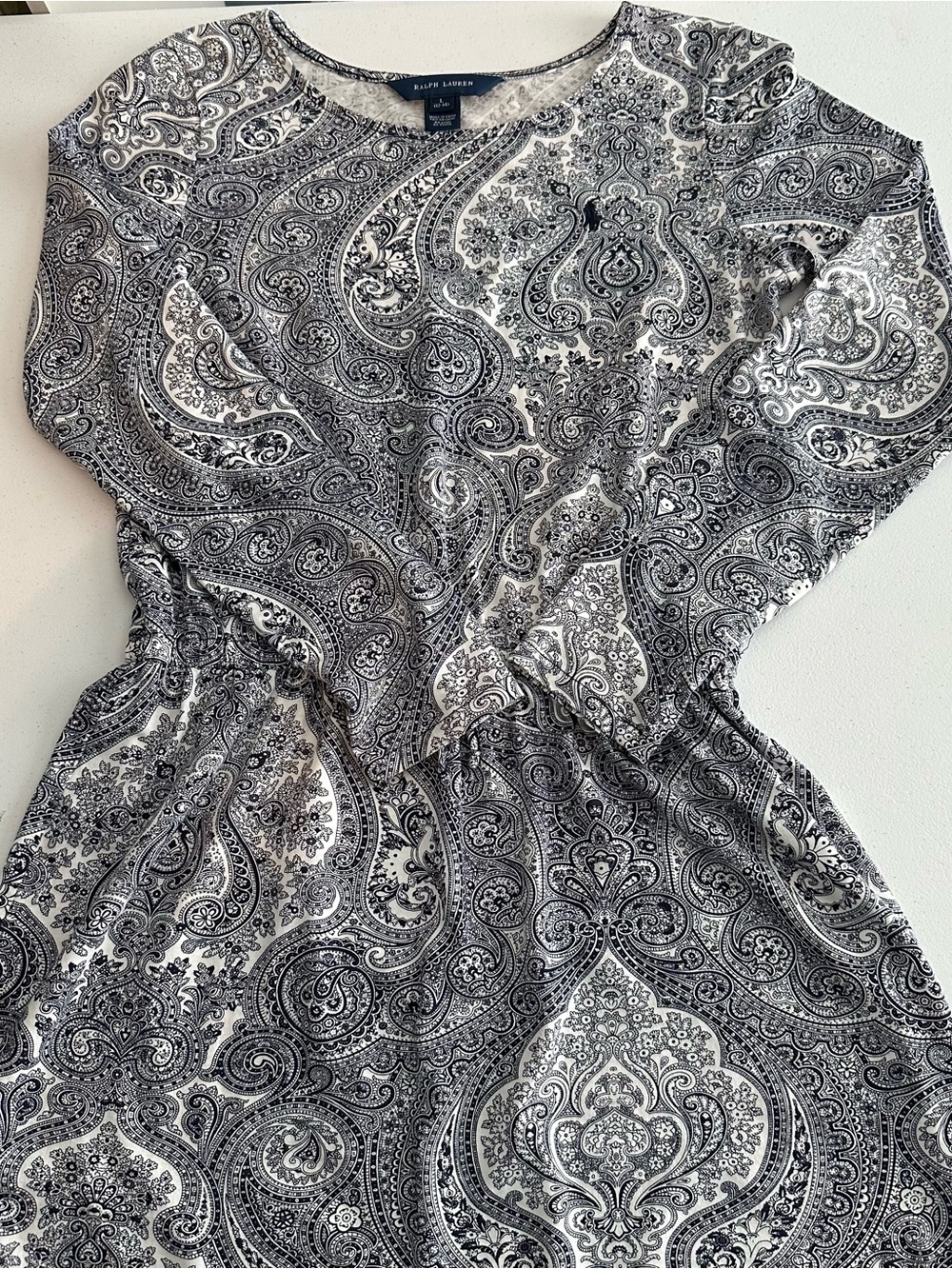 Ralph Lauren Paisley Midi Dress Girls L 12-14 Navy White Stretch Knit
